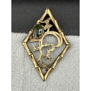 Vintage Wells Sterling‎ Brooch Bamboo Jade Gold Tone Signed